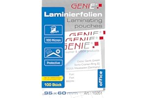 Genie 10261 - Pouches per plastificatrice, 100 micron, formato biglietto da visita, 95 x 60 mm, trasparente, pacco da 100 pz.