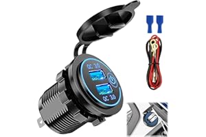 KNOCERY QC3.0 Enchufe USB Doble, Toma de USB Cargador Coche, Cargador movil Coche Carga Rápida, 12V/24V 36W Salida con LED Halo, Interruptor, botón de ON/Off Impermeablem para Motos Camiones Barcos