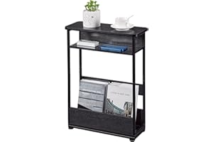 YEAKOO Narrow Side Table with Storage Shelf, 3 Tier Slim End Table for Small Spaces, Narrow Bedside Table, Small Nightstand with Magazine Rack 46x18x62.5cm