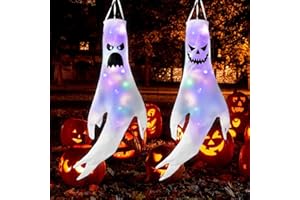 YUMCUTE 2PCS Ghost Windsocks with LED Lights - Spooky Halloween Garden Decorations for Yard and Party