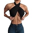 Mokoru Women's Sexy Sleeveless Halter Criss Cross Tank Crop Tops Self Tie Backless Cami, S/M, Black