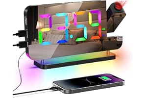 Lancoon Projection Alarm Clock Colorful Alarm Clock with Radio Mirror Surface with 11 RGB Color Display 10 Color Night Light LED Desk Clock for Bedroom Home Black