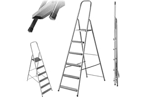 KADAX Escalera plegable de acero de 6 peldaños con patas antideslizantes y estante, escalera de un lado para el hogar y el jardín