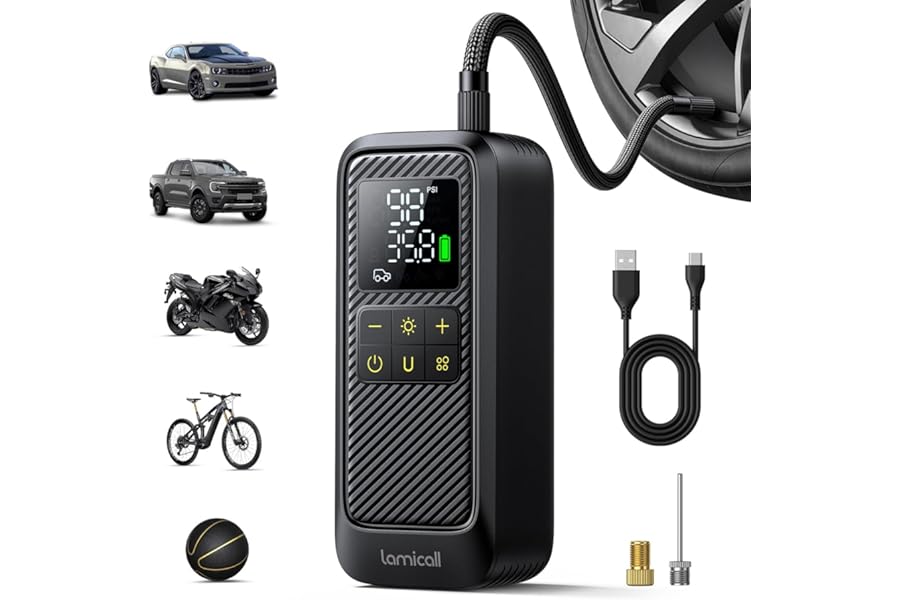 Lamicall Car Tyre Inflator Air Compressor - [5x Faster Inflation] Portable Air Pump with Digital Pressure Gauge & LED Light, 150PSI Electric Tyre Pump with Auto Shutoff for Car, Motorcycle, Bike, Ball