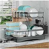 HAKKU 2-Tier Dish Drying Rack with Auto-Drain System, Glass Holder, Knife Organizer & Large Drainboard – Advanced Water-Routi