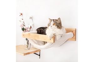 Fukumaru Cat Hammock - Wall Mounted Kitty Bed & Perch, Wooden Cat Wall Furniture, Stable Shelves for Sleeping, Playing, Climbing, Lounging - White Flannel