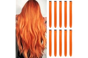LUCKSWET Pomarańczowe przedłużenia włosów dla dziewcząt, 60 cm, kolorowe, proste przedłużenie włosów na imprezę, pasemka, kolorowe włosy, akcesoria dla dzieci i kobiet (10 szt., pomarańczowe)