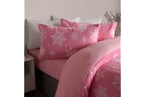 OHS Christmas Bedding Double, Xmas Snowflakes Teddy Fleece Duvet Set Super Soft Warm Cosy Winter Christmas Duvet Set Double Comfy Luxurious Quilt Xmas Bedding with Pillowcases, Pink