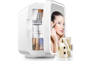 FOHERE Mini Frigo de Chambre 5L/6 Canettes, Frigo Skincare Comestique avec Miroir LED, Fonction Chaud et Froid, Glacière Portable de Beauté, Blanc