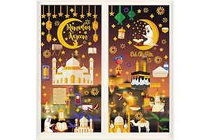 DURINM Ramadan Eid Mubarak Dekorationen,9 Stück Eid Mubarak Fensterbilder, Eid Mubarak Selbstklebend Ramadan Sticker, Muslim PartyFenstersticker Stern Halbmond