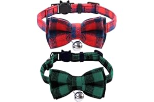 ZNGOU 2PCS Plaid Cat Collars Quick Release Kitten Collar Bow Tie Safety Cat Bowtie Collars Christmas Cat Bow Collar With Bell Soft Tartan Collar Adjustable Pet Collars For Kitten Puppy Green and Red