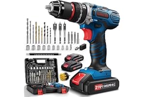 FAHEFANA 21V Cordless Drill, 45Nm Hammer Drill with 2 Batteries 2.0Ah, 25+3 Torque Power Drill, 2-Speed Electric Impact Screwdriver Set, LED Light Combi Drill, Power Tools for Home and Garden