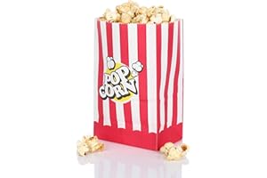 FunX Confezione da 80 sacchetti in carta kraft per popcorn per feste cinema, serate cinema, compleanno per bambini e feste di notte – 10 x 7 x 16 cm rosso/bianco a righe