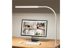 SKYLEO Desk Lamp - 85cm Desk Light - Flexible Gooseneck - 5 Color Modes X 11 Brightness Levels - 1300LM - Timmer & Memory Function - 12W Clip on Light - White