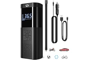 SERVOMASTER Compresseur à Air Portatif, Gonfleur Pneus Voiture sans Fil avec Jauge, Mini Compresseur 150PSI 12V DC, Accessoire Voiture pour Hommes, avec Lumière LED pour Voiture Moto Bicyclette Boule