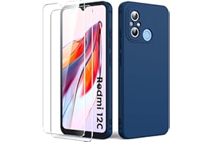 Byvuwiay Funda Compatible con Xiaomi Redmi 12C, con 2 Piezas Cristal Templado, Carcasa de Líquida TPU Anti-Choque, Carcasa Xiaomi Redmi 12C, Blau