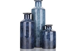 QIANLING Lot de 3 petits vases à fleurs en céramique pour décoration d'intérieur, rustique, campagne, de salon, de table, de cheminée et d'entrée - Bleu