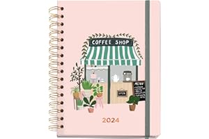 Miquelrius - Agenda Anual 2024 Coffee Lovers, Semana Vista, Tamaño Plus 155 x 213 mm (similar A5), Cubierta rígida, Encuadernación espiral, Cierre con goma, Multilingüe, Coffee Shop Rosa