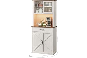 VASAGLE Armario con Luces y Cargador, Armario de Cocina, con Puertas y Cajones, 39,5 x 80,4 x 180,6 cm, Estantes Ajustables, Estilo Rústico, Blanco Rústico y Marrón Miel BBK363W22