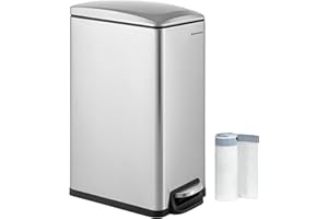 SONGMICS Poubelle de Cuisine 48L, Poubelle à Pédale, Fine, pour Petits Espaces, Couvercle à Fermeture en Douceur, avec Seau Intérieur, en Acier Inoxydable, 15 Sacs Poubelle Inclus, Argent LTB510E48