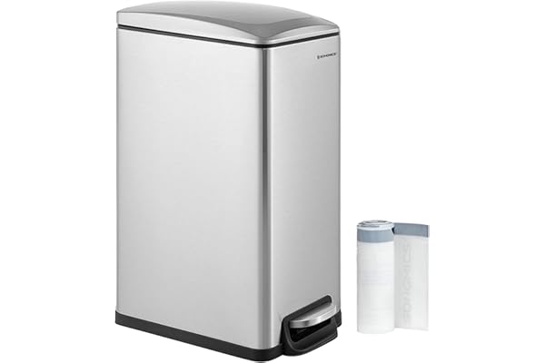 SONGMICS Poubelle de Cuisine 48L, Poubelle à Pédale, Fine, pour Petits Espaces, Couvercle à Fermeture en Douceur, avec Seau Intérieur, en Acier Inoxydable, 15 Sacs Poubelle Inclus, Argent LTB510E48