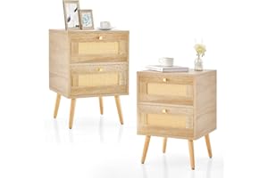 KOMFOTTEU Mesita de Noche con 2 Cajones de Ratán, Mesilla Auxiliar de Madera, Mesa Lateral Estrecha con Patas de Pino, Mesa Cabecera para Dormitorio, Salón, 40 x 40 x 59 cm (2 Unidades)
