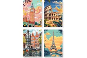 DIAMOND PAINTING FAN HOUSE Fan House Pintar por Numeros Adultos, Pack 4 Kit de Pintura por Números, con Pinceles Pigmento Acrílico, Pintura de Dibujo DIY, Paisajes Paint by Numbers Kits sin Marco Ciudad 20 x 30 cm