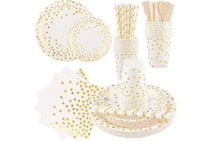 Vexillic Party Vaisselle, 200 Pièces Kit Vaisselles Anniversaire Assiette Dîner avec Serviette en Papier, Cuillère à Fourche à Couteaux en Bois Enfants Party Fête Mariages 25 Invités (Points dorés)