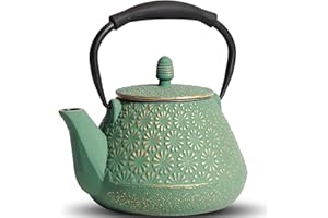 MILVBUSISS Tetera de hierro fundido, 950 ml, con patrón de flor de Sakura japonesa, apta para estufa, infusor para hojas sueltas y café, mango de silicona, interior esmaltado, 32 onzas, verde