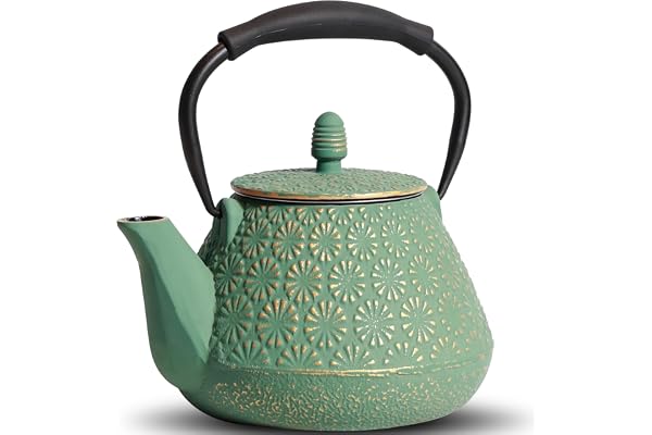 Théière en fonte MILVBUSISS, théière japonaise à motif de sakura de 950 ml, qui va sur la cuisinière, avec infuseur pour thé en feuille et café, poignée en silicone, intérieur émaillé, 32 oz vert