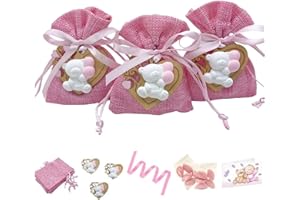 Doni Bomboniere Set Bomboniere Battesimo Nascita 12 Sacchetti Juta Rosa Portaconfetti 12 Applicazione Legno Gesso Orsetto Rosa 12 Bustine Confetti Rosa 12 Bigliettini da Personalizzare Gadget