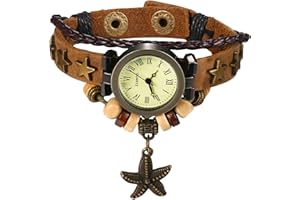 JewelryWe Zegarek damski w stylu vintage, skórzany zegarek: retro gwiazda rozgwiazda analogowy kwarcowy zegarek na rękę damski warstwowe perły skóra pleciona bransoletka regulowana bransoletka luźny