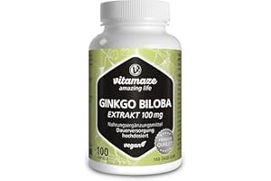 VITAMAZE - AMAZING LIFE Ginkgo Biloba Extracto 50:1 100 mg = 5000 mg de Polvo de Hoja de Ginkgo por Cápsula Vegana, 100 Cápsulas para 100 Días de Suministro Continuo, sin Aditivos Innecesarios