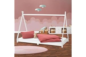 ML DESIGN MODERN LIVING ML-Design Lettino per Bambini e Bambine Design Tepee con Rete Telaio a Doghe 200 x 90 cm Letto Basso a Forma di Tenda Indiana Giroletto in Legno di Pino Massiccio Bianco per Cameretta Bimbi