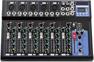 MINRS Bluetooth Audio Mixer 7 Kanal, DJ Mischpult Live Studio mit USB Sound Mixing Console 6 Musikmodi für Musikproduktionsstudios Bars und Bühnen für Anfänger und Profis