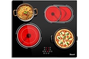 Disaenvir Glaskeramikkochfeld 4 Platten 6600W, Kochfeld 4 Platten mit Doppelring, Glaskeramik Kochfeld mit Ovaler Grillfläche, 9 Leistungsstufen, Pausenfunktion, Timer, Anti-Touch-Funktion