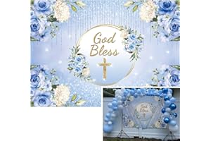 BINQOO 7x5ft Blue God Bless Baptism Backdrop for Boys First Holy Communion Christening Party Supplies Blue Floral Wreath Glitter Photo Background Birthday Newborn Baby Shower Photoshoot
