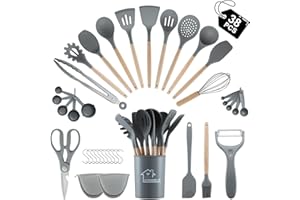 38 Pieces Kitchen Utensils Set, BEWOS Silicone Cooking Utensils Set with Spatula, Utensil Holder and Measuring Spoons, Nonstick Heat Resistant, Grey Kitchen Gadgets, Wooden Handle