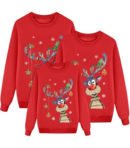 SRZYMJ Weihnachten Pullover Set Partnerlook Pärchen Weihnachtspullover Familie Set Gestrickte Pullover Strickpullover Winterpullover Weihnachtspullis Sweatshirt Damen Herren Rot 2024 Weihnachts