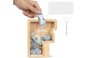 DONJIM Personalized Wooden Money Box, 7" Letter Piggy Bank, Clear Money Gift Box, Detachable Money Jar, with DIY Alphabet Stickers and Screwdriver, Alphabet F Money Tin