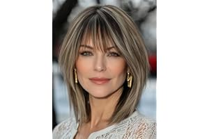 Webshaiy Layered Bob Wig with Fringe, Short Straight Wig with Undetectable Matte Fibres for Thinning Hair Daily Wear, Chemo Safe Lightweight Synthetic Mommy Wigs for Mature Women Cool Brown Mix Blonde