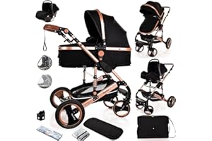 BAYOBAY Baby Pram Pushchair Buggy with Car Seat Lightweight Stroller Folding Strollers 3 in1 Travel System Baby Trolley Pram for Newborns Toddlers from Birtn (Black - Rose Gold Frame)