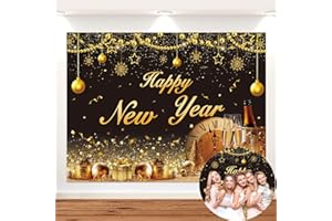 GENERIC Black Gold Happy New Year Backdrop 2025 New Year Clock Champagne Gold Ball Snowflake Photography Background New Years Eve Count Down Christmas Indoor Outdoor Family Party Decorations (7x5FT)