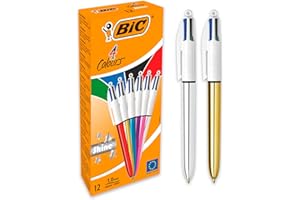 BIC 4 Couleurs Shine Stylos-Bille Rétractables Pointe Moyenne (1,0 mm) - Corps Assortis Métallisés, Boîte de 12