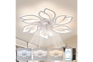 LJX Ventilateur de Plafond avec Telecommande Blanc, Ventilateur de Plafond avec Lumière Silencieux Moteur DC 6 Vitesse, Plafonnier Ventilateur Design Fleur Eté Hiver Dimmable avec Timer pour Chambre