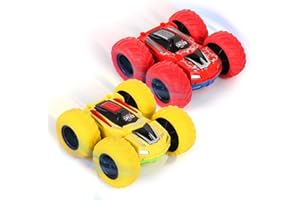 Shayson 2 Pack Friction Car Toys, Toys Car for 1 2 3 5 Year Old Boys Girls,360° Rotation Pull Back Toy Cars, Double Side Inertia Push and Go Cars for kids