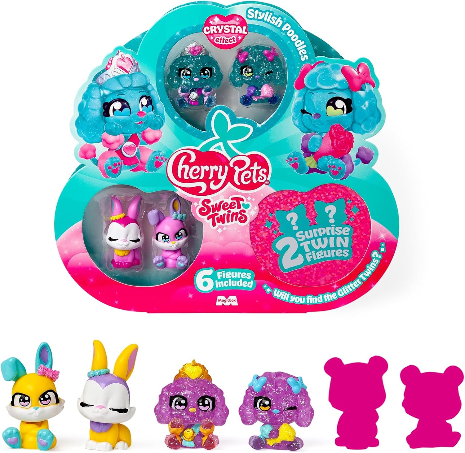Cherry Pets Sweet Twins Series – Multipack Stylish Poodles. Incluye 6 Figuras coleccionables (2 con Efecto Cristal y Glitter + 2 Sorpresa). Pack 4 de 4