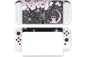 BelugaDesign Sakura Coque à Paillettes pour Chat | Moon Heart Pink Cherry Blossom Anime Japonais | Compatible avec Nintendo Switch OLED | Coque de Protection Cristal Compatible avec la Station