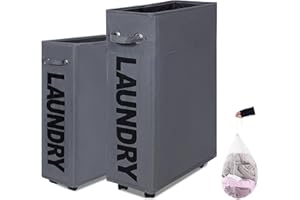 Caroeas Panier à Linge 70L avec Roulettes, Pliable et Étroit, Grande Capacité, Bac de Rangement sur Roues pour Petit Espace，Gris