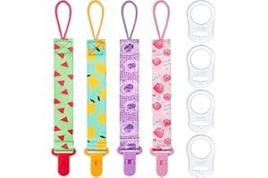 Aolso Silicone Dummy Clips Adapter, 4pcs Baby Pacifier Chain with 4pcs Adapters, Silicone Ring Adapter, Baby Pacifier Holder Soother Clip Chain Straps, Teething Toys-Lemon